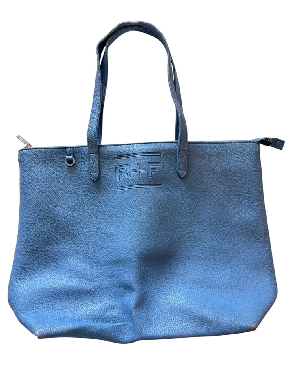 Rodan + Fields Blue Faux Leather Tote Bag pebbled texture and an embossed "R+F"